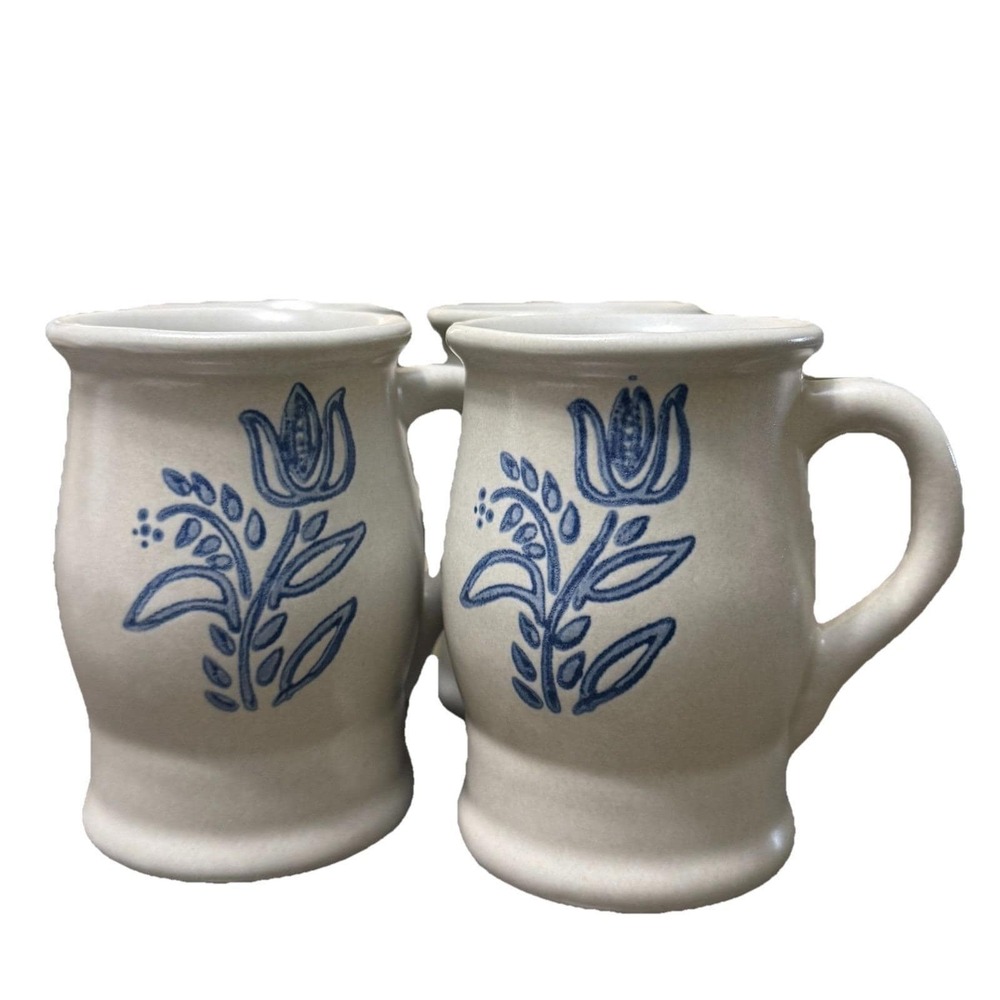Pfaltzgraff Folk Art Mug Cup Blue Floral Stoneware USA Set of 4 Vintage